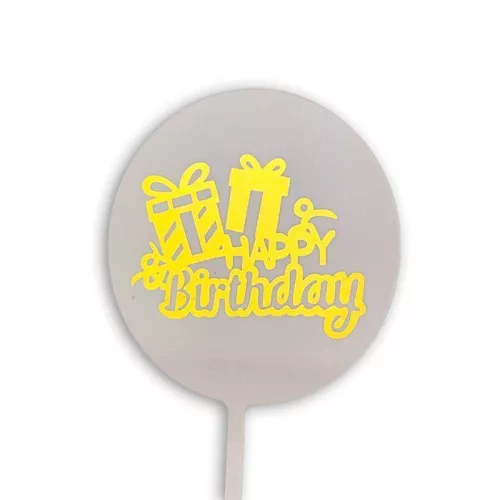 Топпер Круг "Happy Birthday с подарками" белый с золотом
