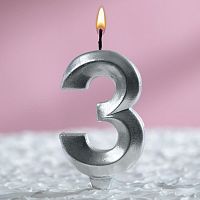 Свеча цифра "3", серебряный металлик