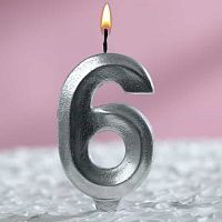 Свеча цифра "6", серебряный металлик
