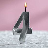 Свеча цифра "4", серебряный металлик